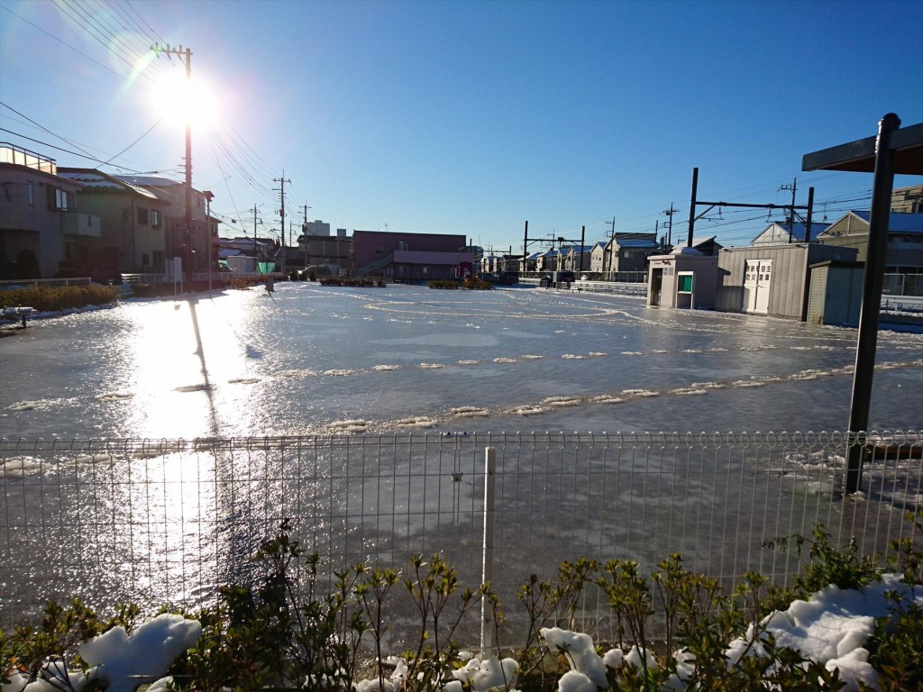 2016年1月19日 大雪の翌日、一面の氷 スケートリンクのように凍った公園の広場DSC_0120-